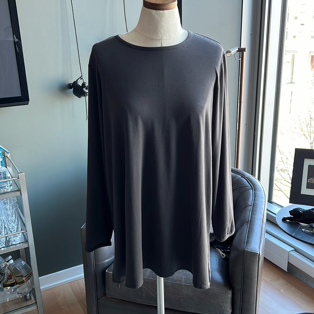New Eileen Fisher Round Neck High-Low Jersey Tunic Top in Bark Size Medium